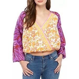 Free People Floral Surplice‎ Blouse Tie Dye Balloon Sleeve Crop Top Small